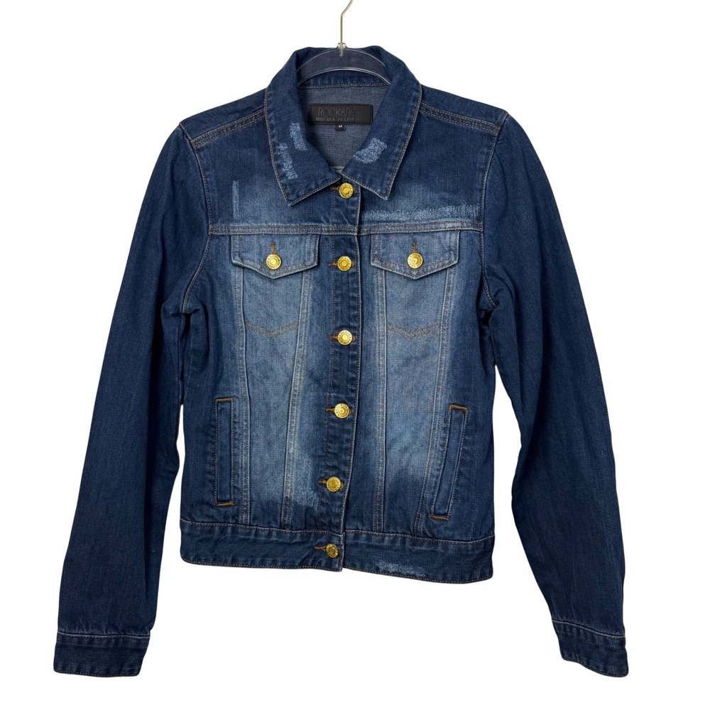Rock & Republic Womens Distressed Medium Wash Denim Jacket Gold Buttons Size M